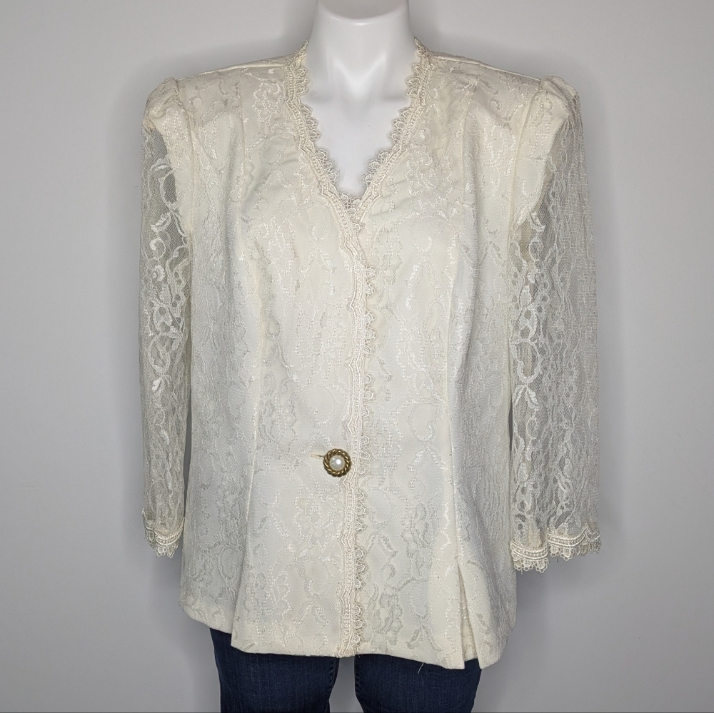 Vintage Off White Lace Button Up V Neck Dress Evening Jacket 14
